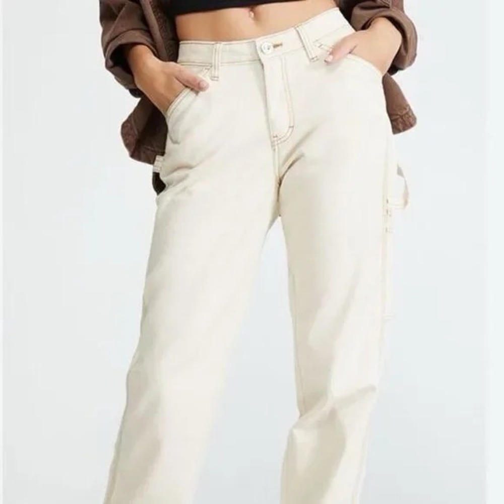 SONG 90s Carpenter Boyfriend Jean Womens 3/26 White Denim Brown Stitch High Rise
